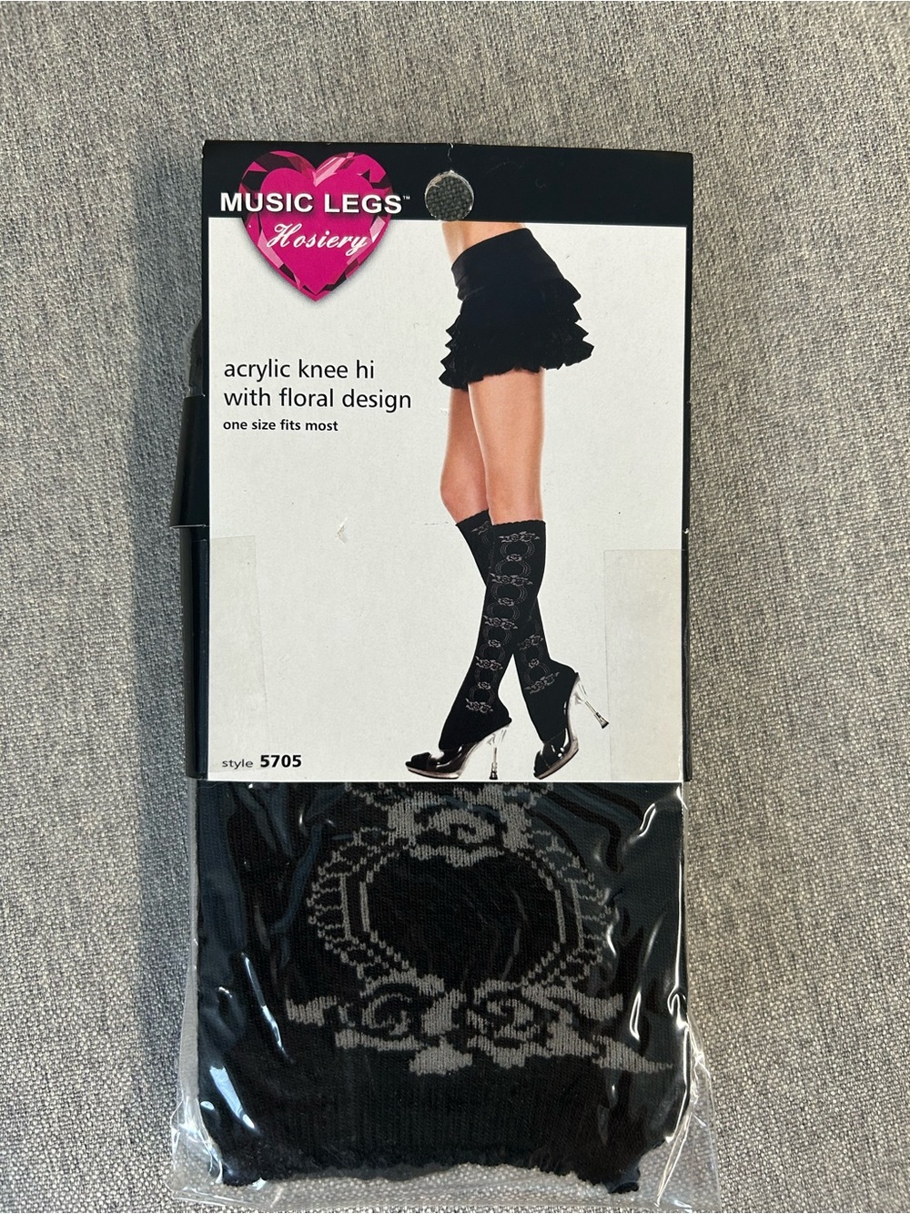 Music Legs Black Acrylic Knee Highs with Floral Design